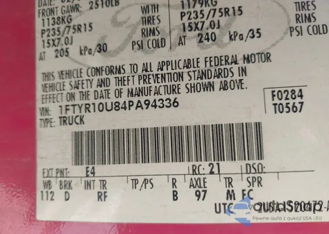 2004 Ford Ranger Edge/Xl/Xlt z USA, uszkodzony, nr VIN 1FTYR10U84PA94336